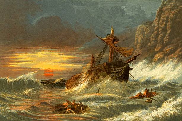 A ship tossed about in a violent sea with Tubmen overboard