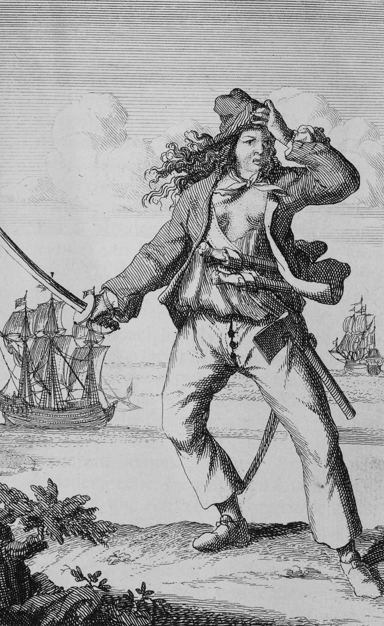 A woodcut of Anne Bonny on an island with ships behind